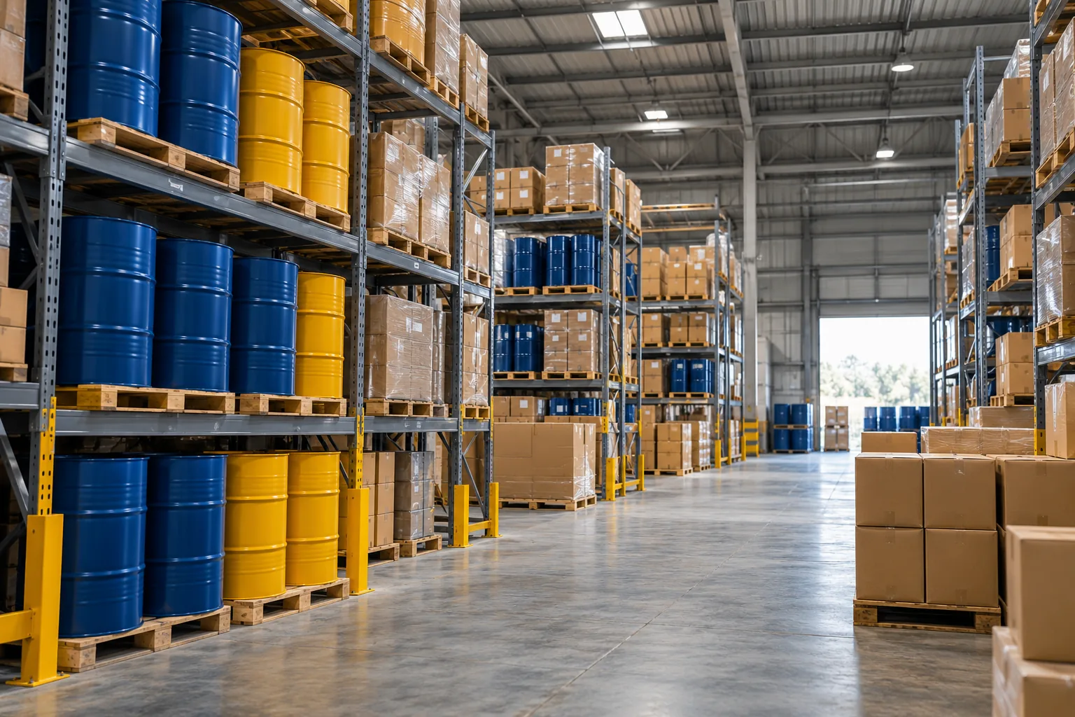Organized lubricant drums and cartons in an industrial warehouse